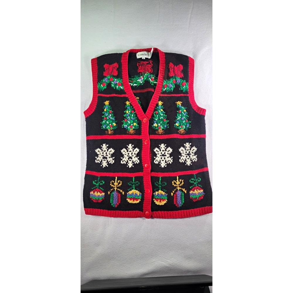 Alexandra Bartlett Women’s M V-Neck Button Front Christmas Sweater Vest Knit Vtg